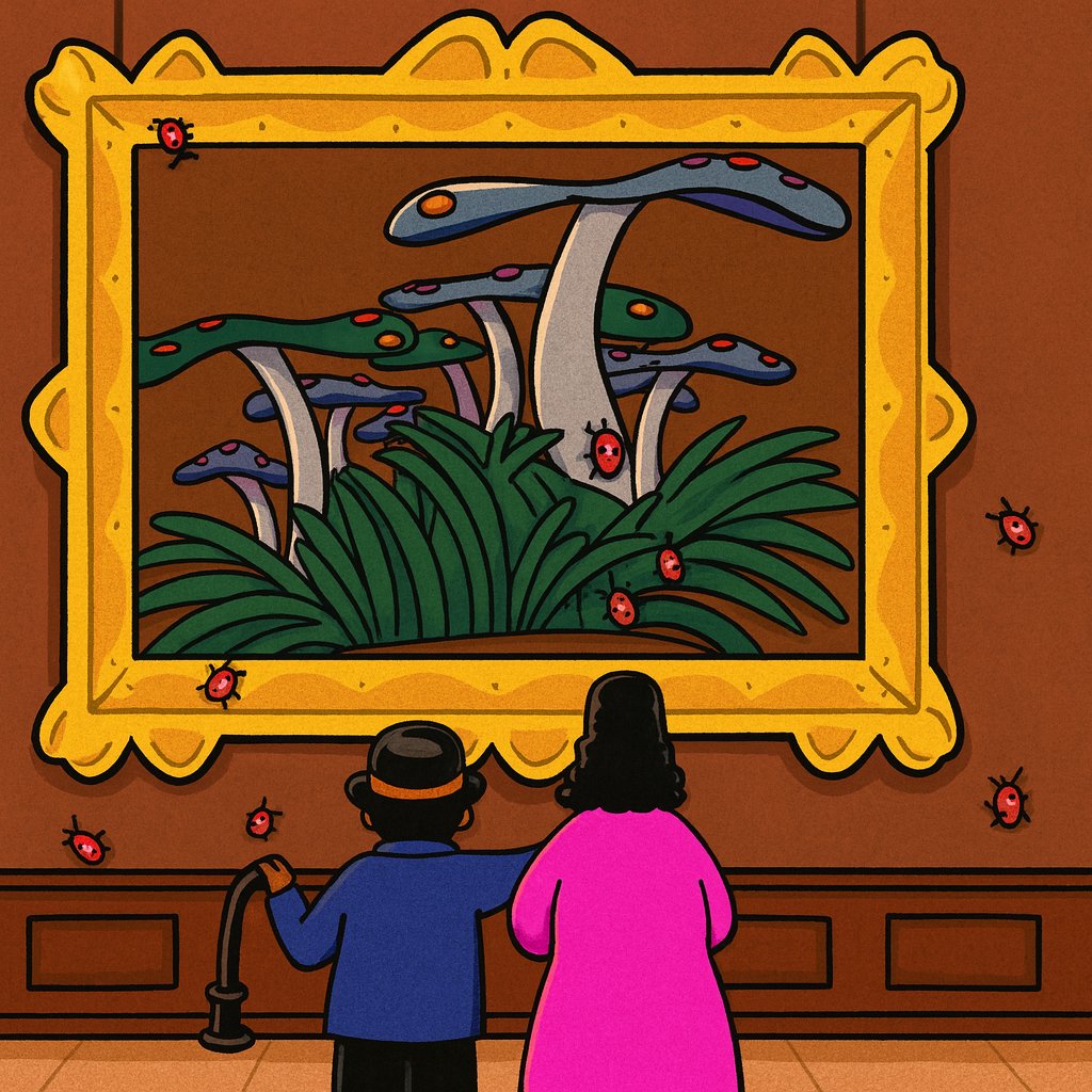 Ladybugs by JahJah, 2024 — a digital painting of two figures looking up at a framed painting of mushrooms, ladybugs, and grass